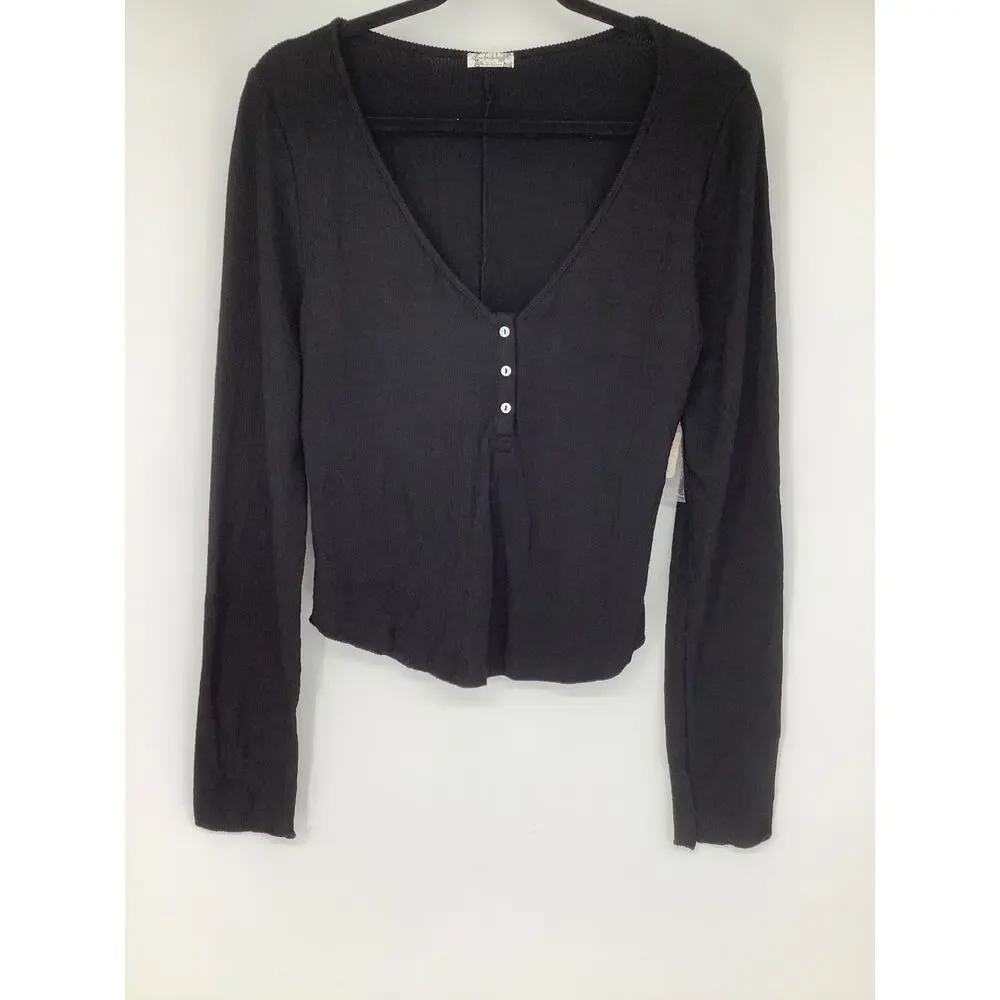 Intimately Free People Women's Large Black Keep It Basic Ribbed Knit Top L9-40